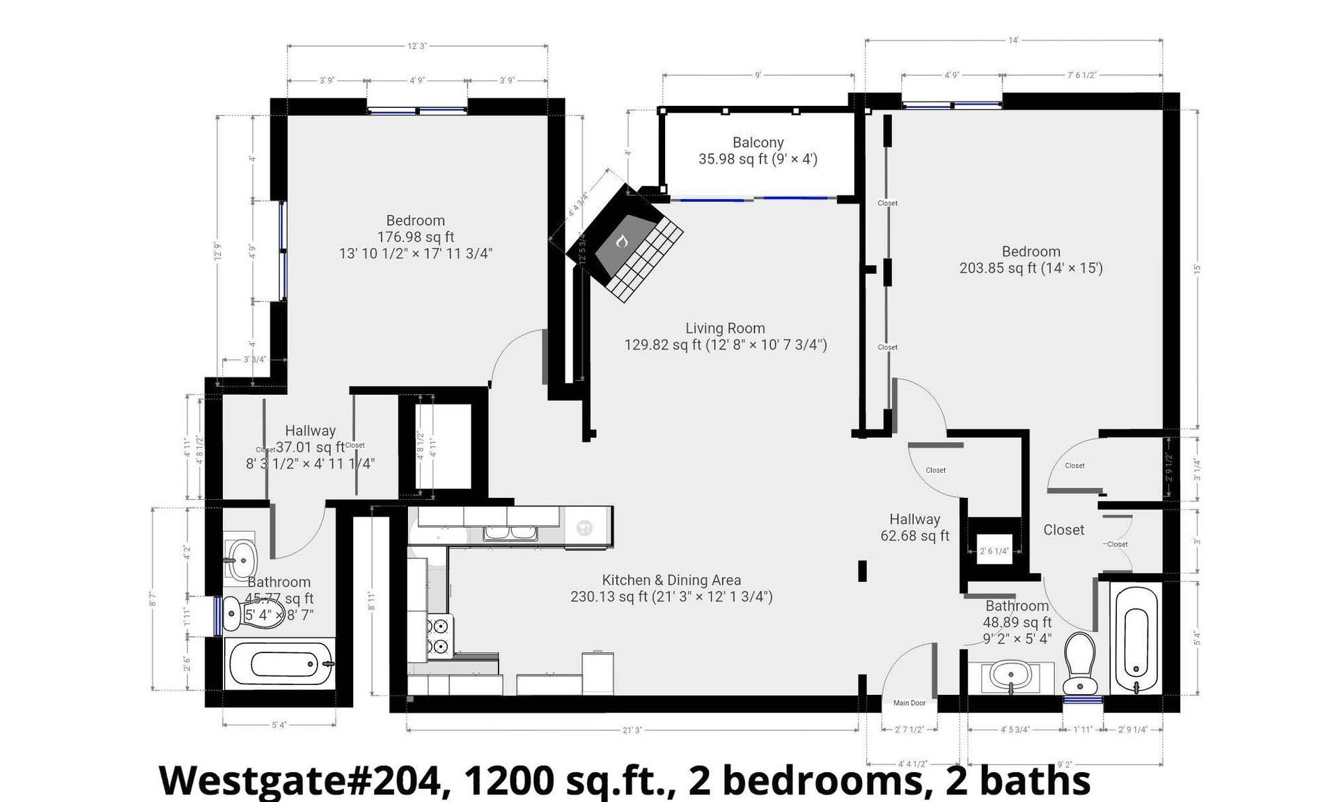 A floor plan of a house with two bedrooms and two bathrooms
