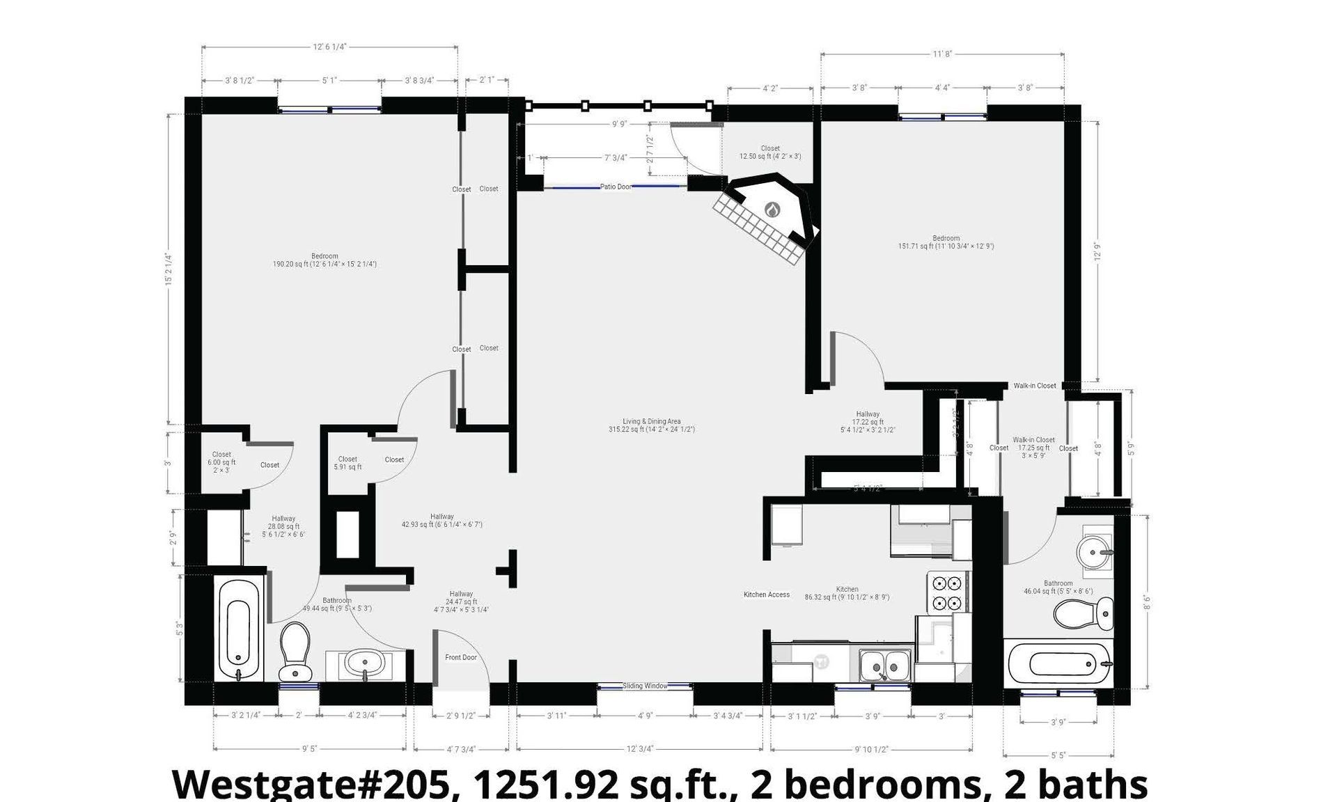 A black and white floor plan of a house with two bedrooms and two bathrooms