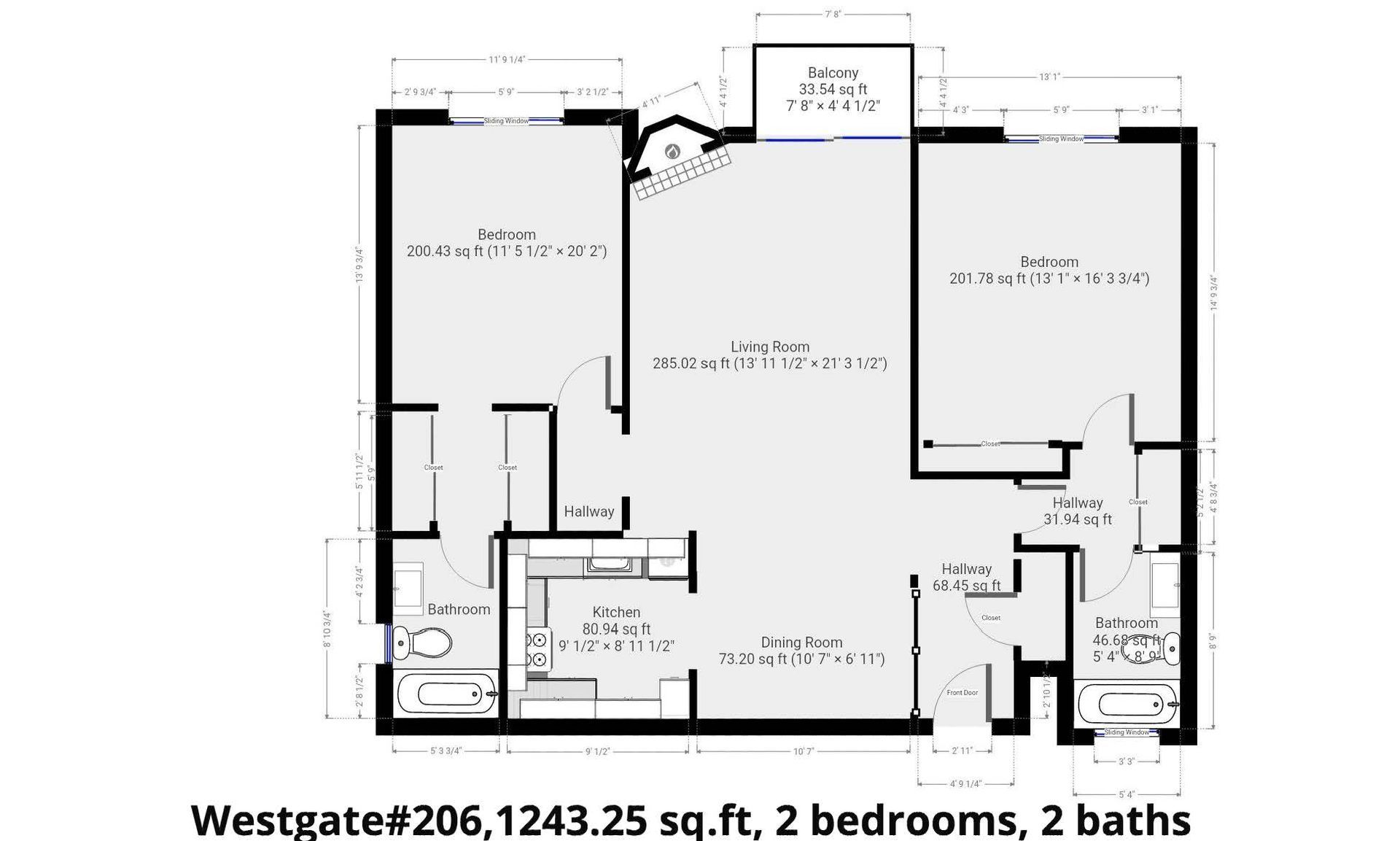 A floor plan of a house with two bedrooms and two bathrooms