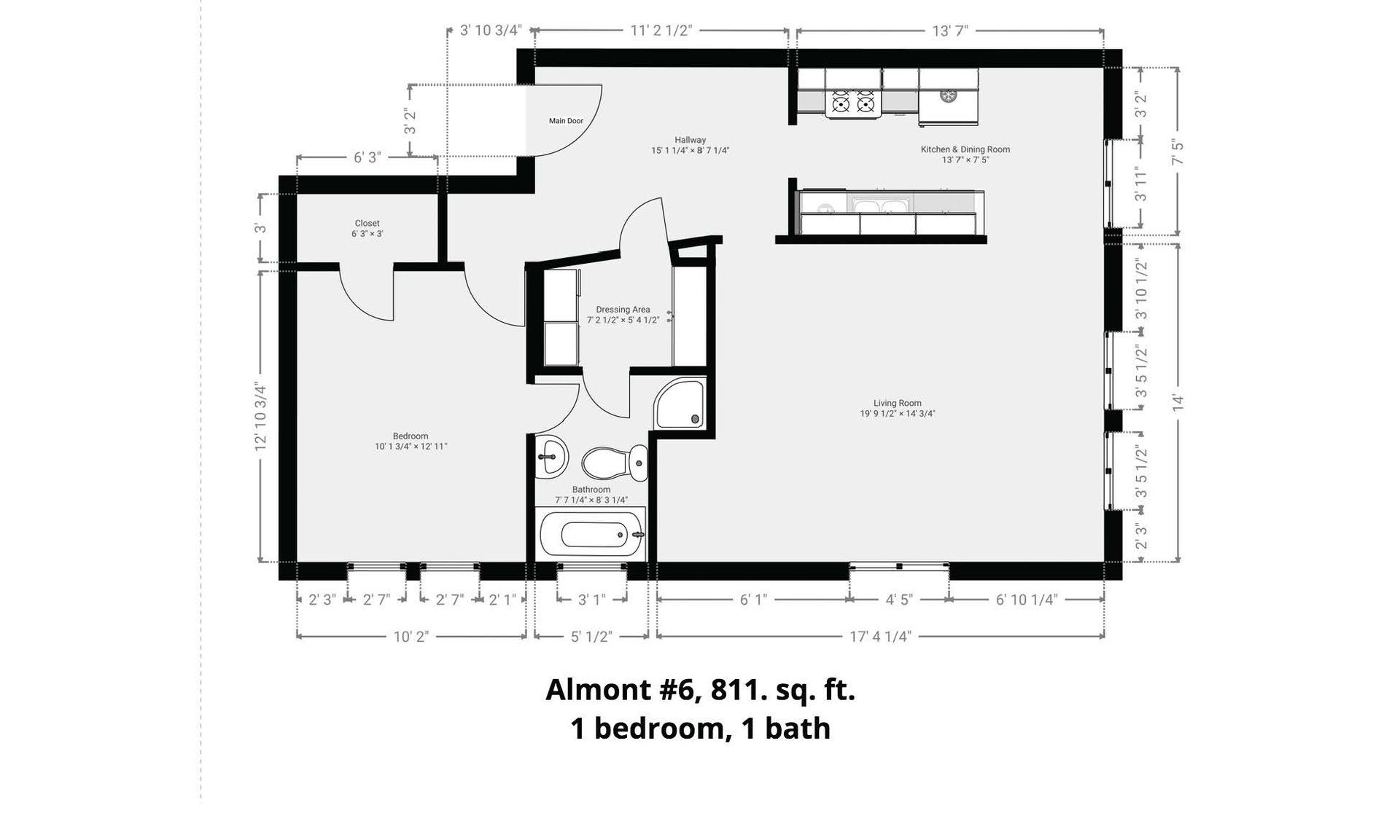 A black and white floor plan of a 1 bedroom apartment