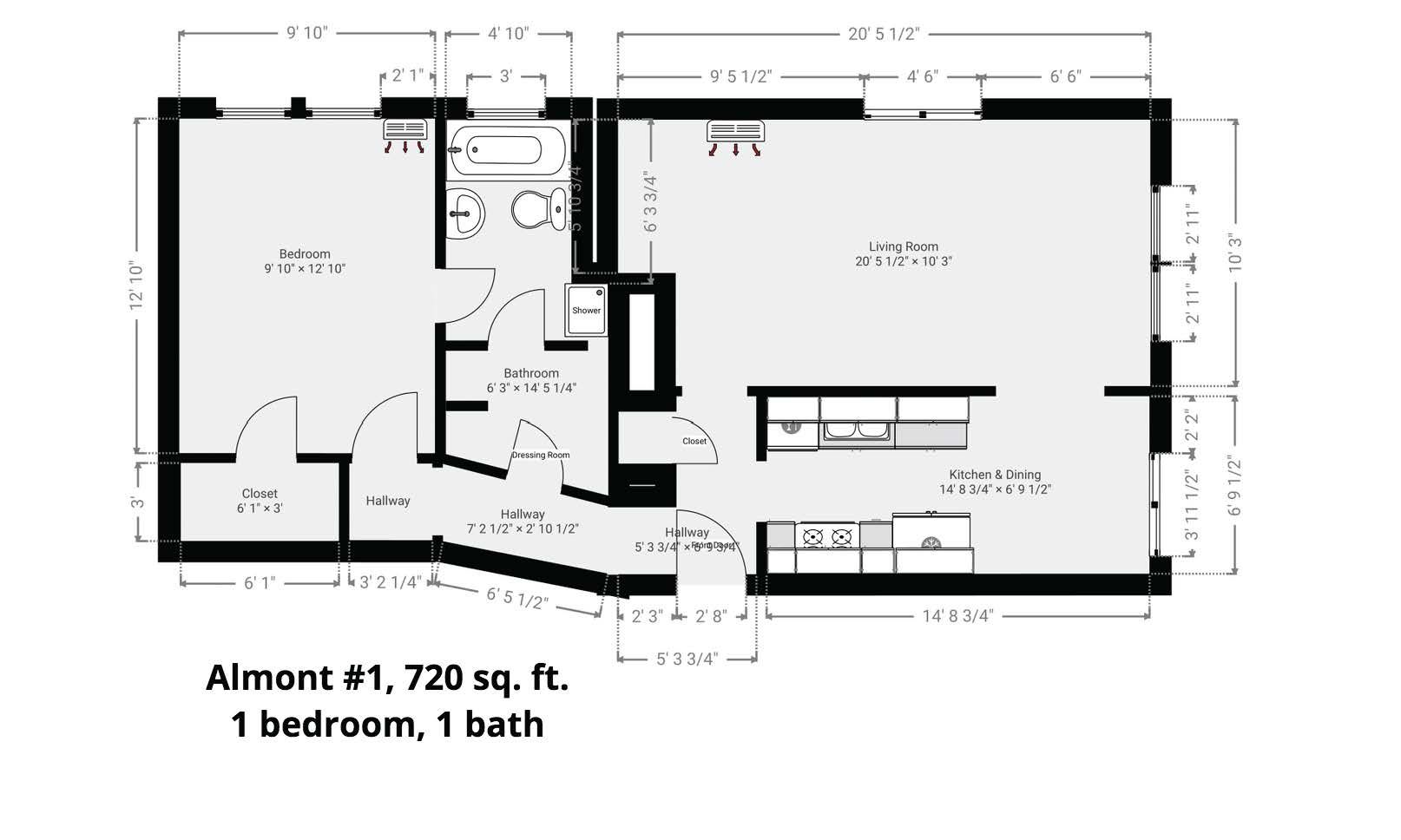 A black and white floor plan of a 1 bedroom apartment