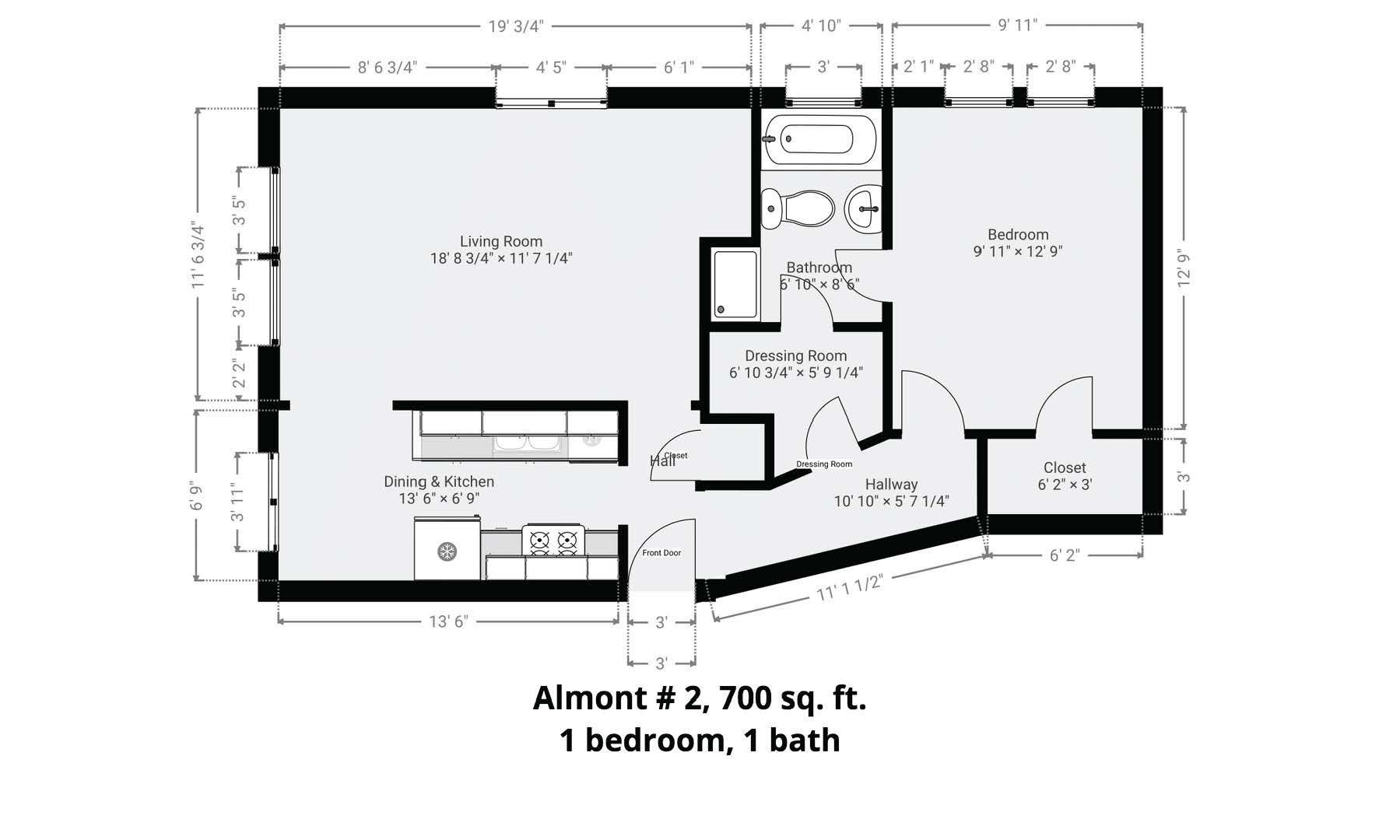 A floor plan of a house with a bedroom and a bathroom