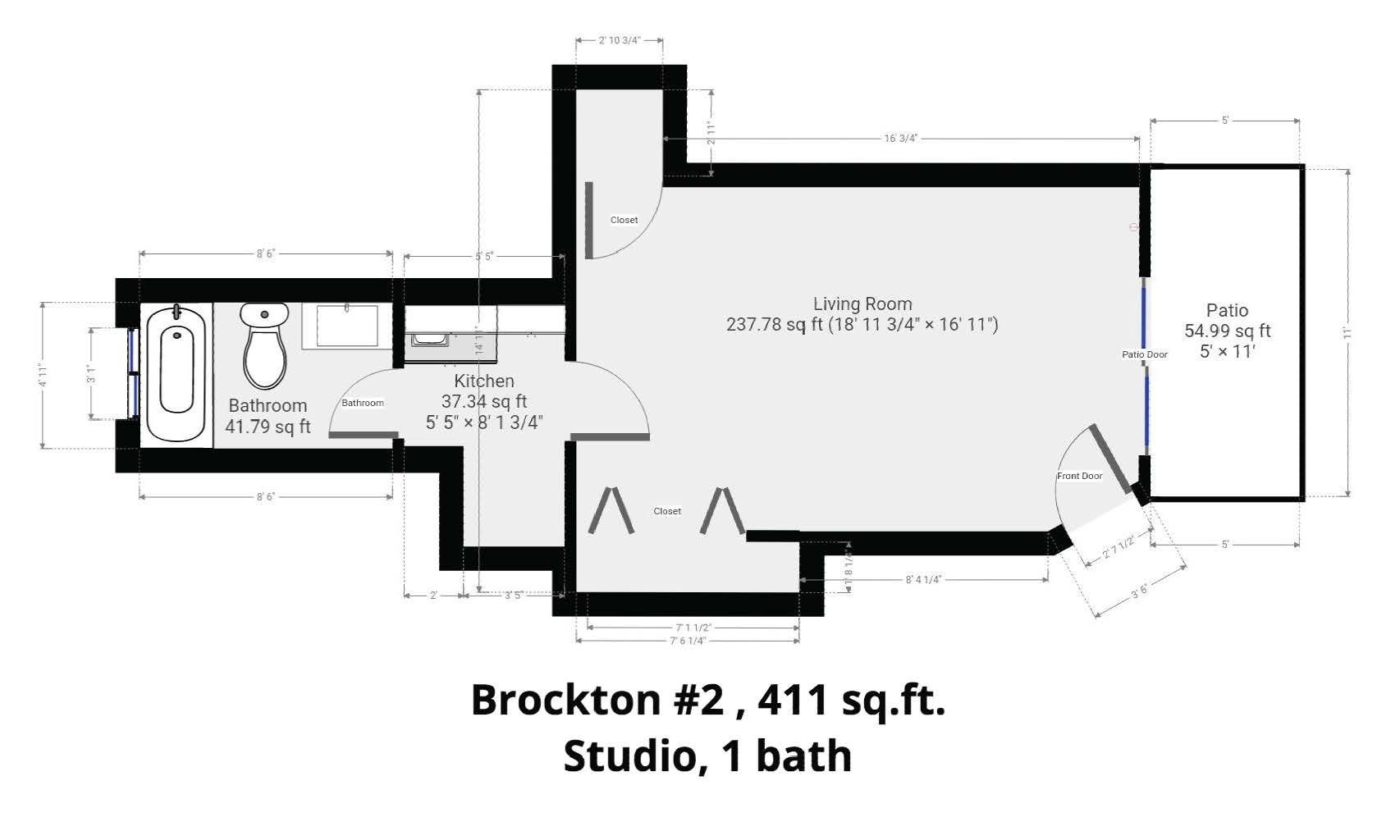 A floor plan of a studio with a bath