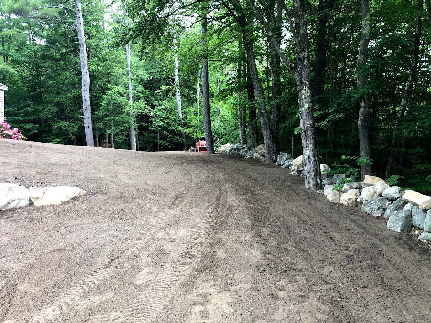 Dirt trail winding through a wooded area, bordered by rocks and trees.