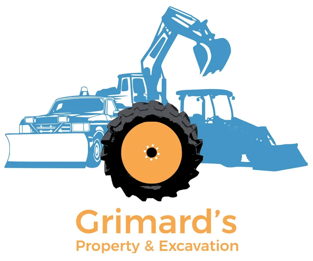 Grimard’s Property & Excavation logo with blue excavator, bulldozer, and black/orange wheel