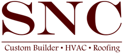 SNC Heating & Air logo with red, white, and blue lettering, flame and snowflake icons, and service text