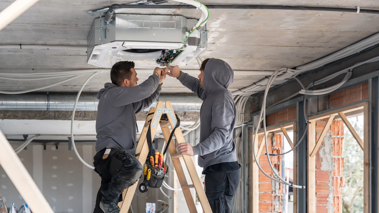 Two workers install ceiling wiring in a room under construction, standing on ladders.