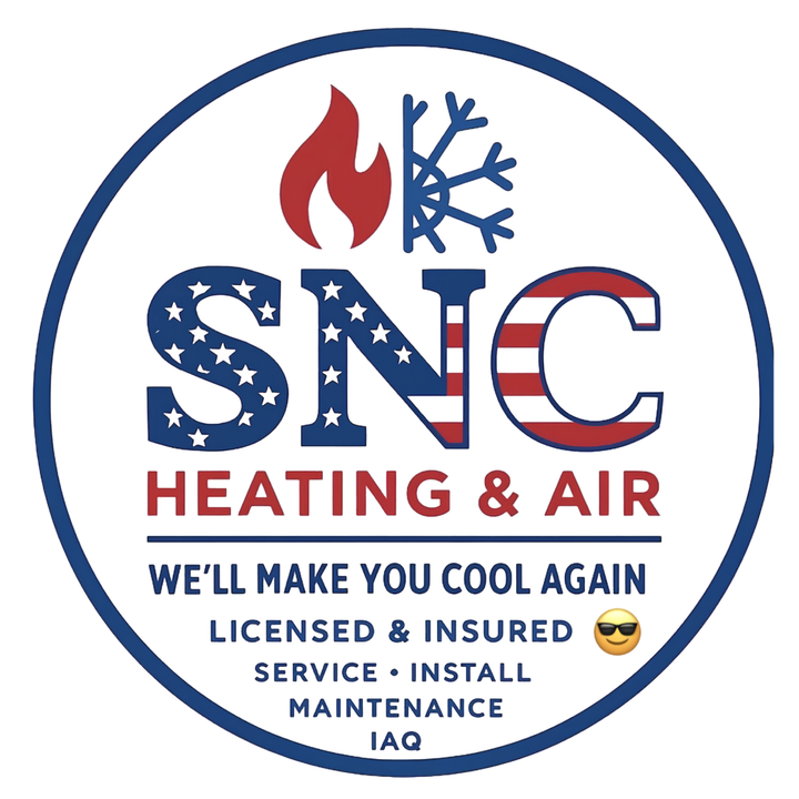 SNC Heating & Air logo with flame and snowflake, patriotic blue and red text, “We make you look again” slogan