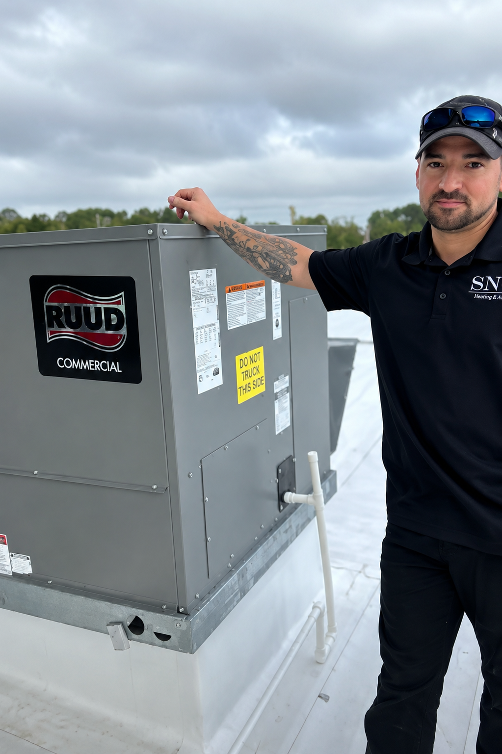 Man standing beside a gray rooftop HVAC unit on a snowy roof under a cloudy sky