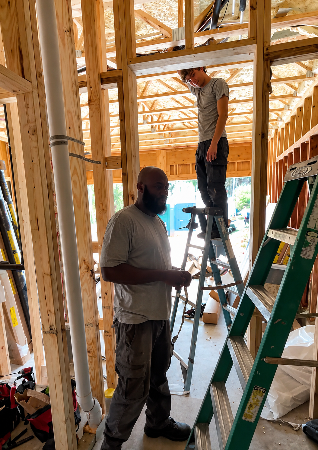 Two workers framing a house interior, one on a ladder beneath exposed wooden beams.