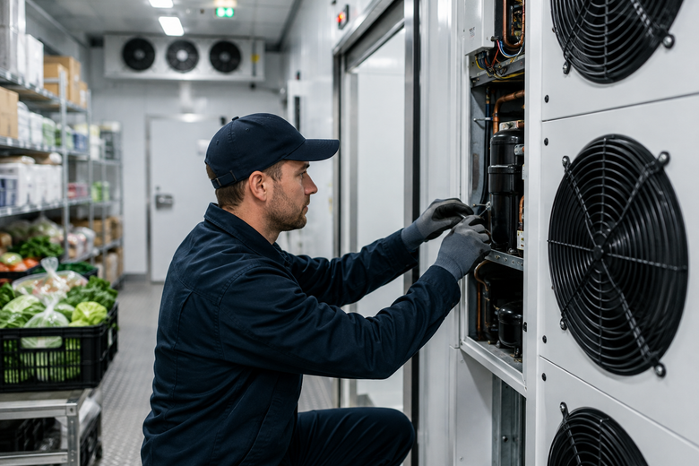 Technician servicing large refrigeration units in a commercial walk-in cooler.