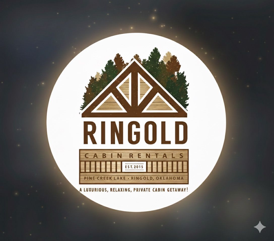 RINGOLD cabin rentals logo with pine trees and mountains in a circular white badge