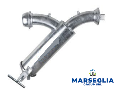 Gruppo di tubi metallici con due uscite curve e una maniglia.
