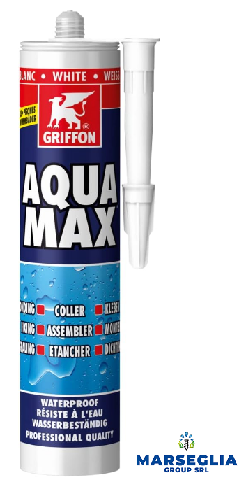 Tubetto bianco di sigillante Griffon Aqua Max con ugello applicatore.