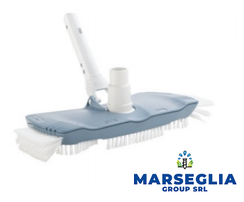 Aspirapolvere per piscina blu e bianco con spazzola e manico incorporati.