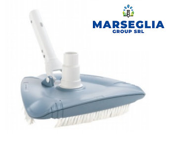 Aspirapolvere per piscina blu con setole e manico bianchi; logo 