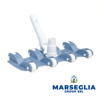 Testa del mocio blu e bianca con ruote, attacco per manico, logo 