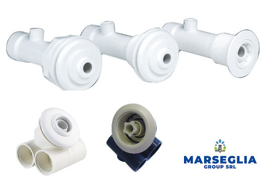 Getti e componenti per spa bianchi. Include il logo di Marseglia Group SRL.
