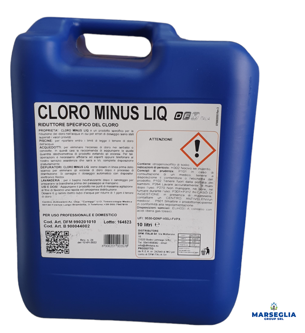 Contenitore blu di liquido riduttore di cloro per piscine 