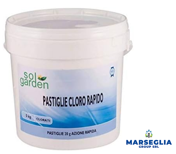 Contenitore bianco di pastiglie di cloro per piscine Solgarden Pastiglie Cloro Rapido.