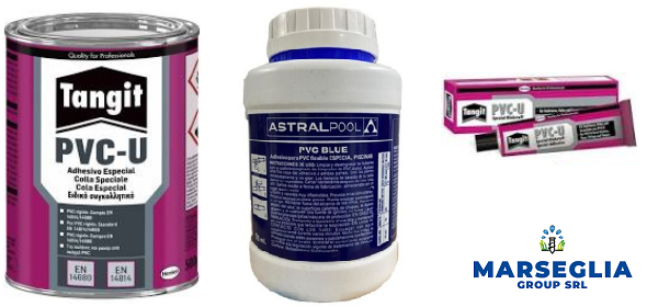 Tre prodotti per la manutenzione della piscina: adesivo Tangit PVC-U, Astralpool pH+ Blue e tubi di colla in PVC-U.