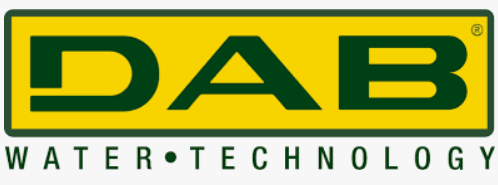 Logo DAB Water Technology: lettere verde scuro su un rettangolo giallo, con la scritta