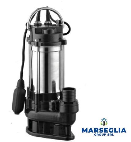 Pompa sommergibile con base nera, corpo e maniglia argentati, con cavo nero e interruttore a galleggiante.