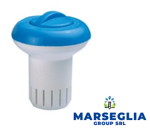 Galleggiante per cloro da piscina blu e bianco.