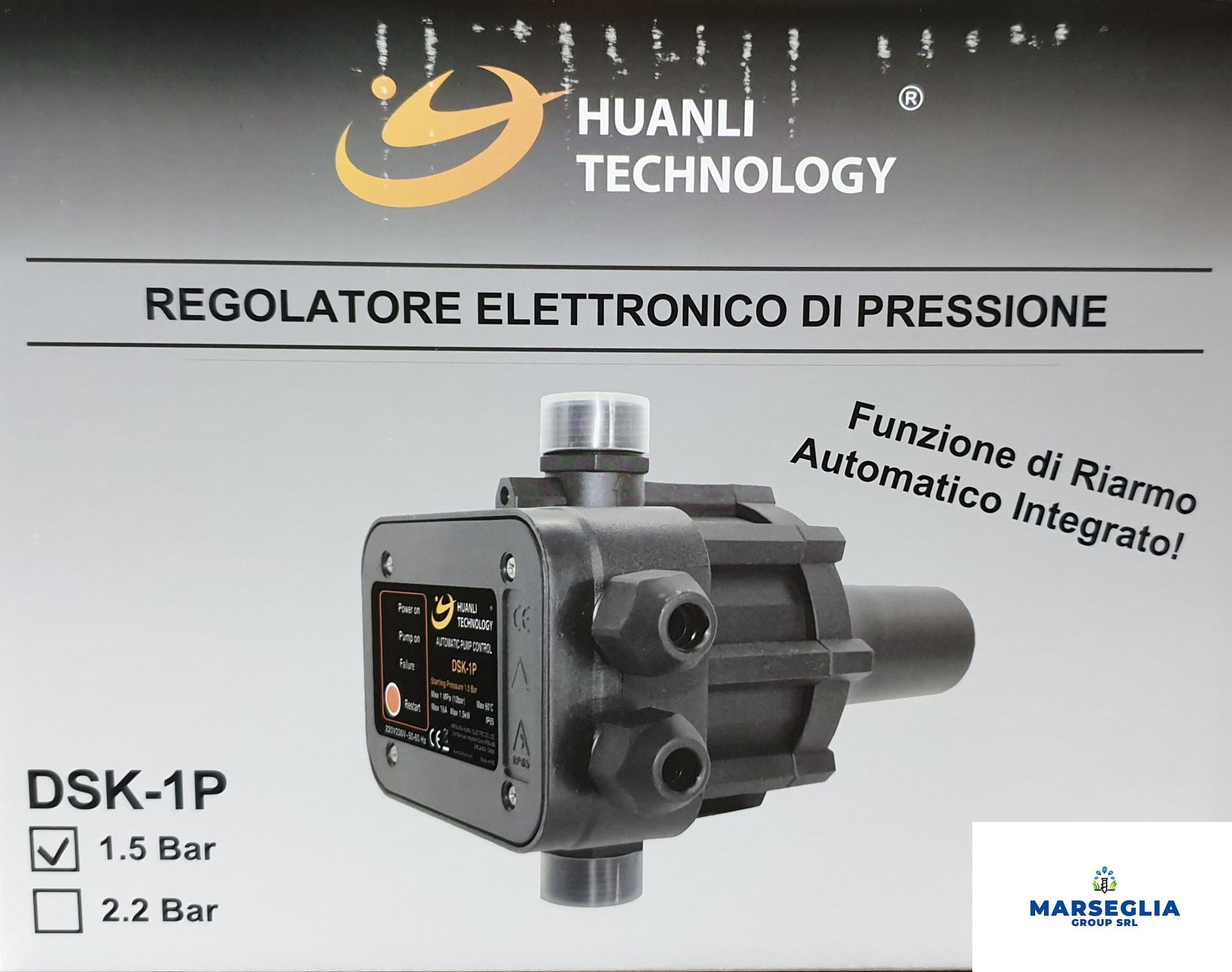 La pubblicità di un prodotto mostra un regolatore di pressione nero con il marchio 