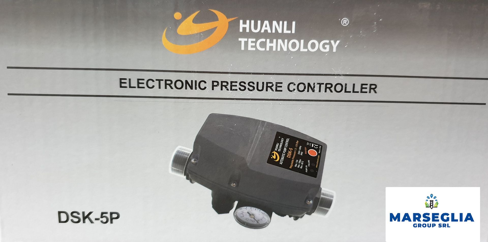 Regolatore di pressione elettronico con marchio Huanli Technology, DSK-5P e logo Marseglia.