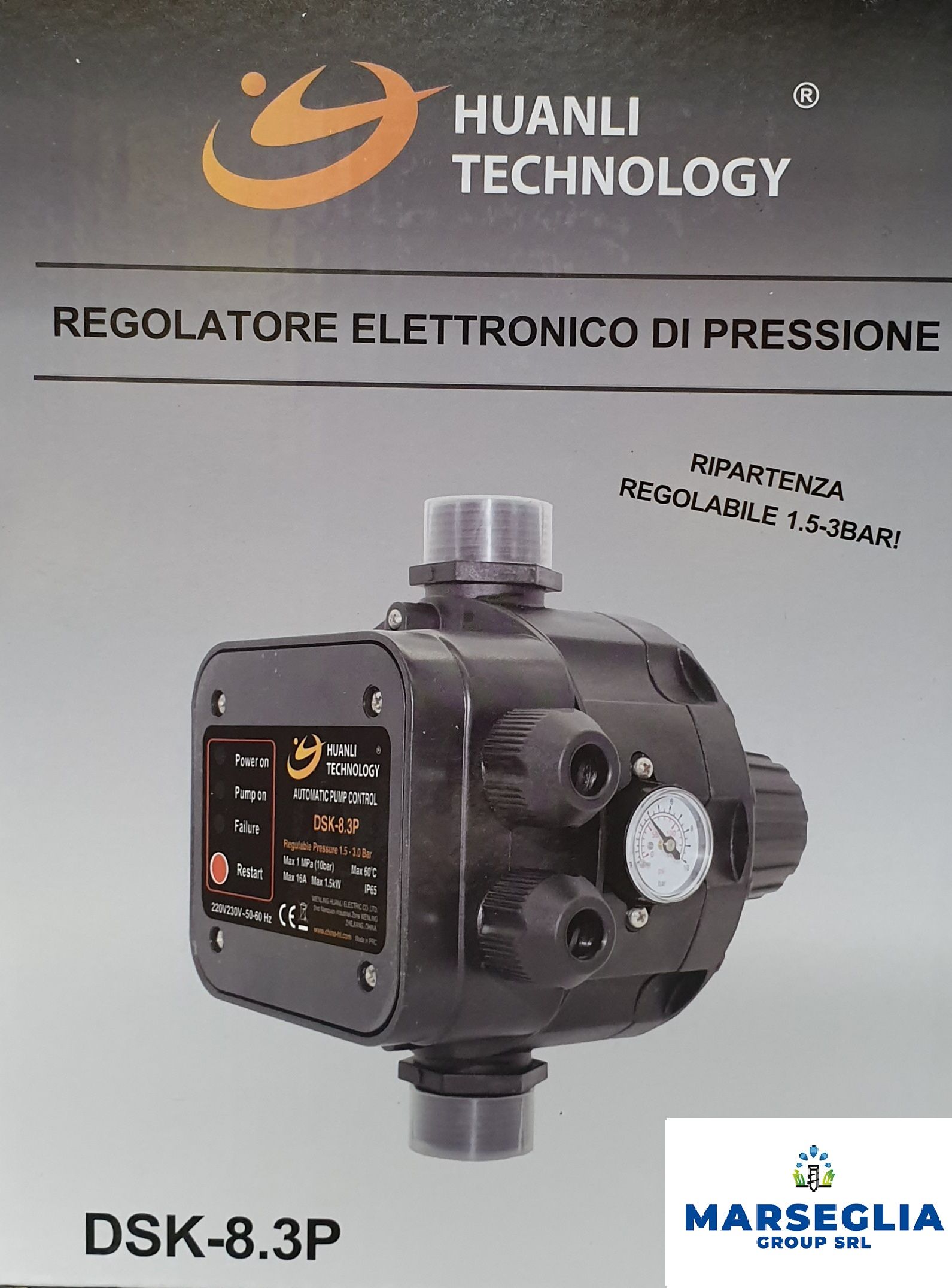 Regolatore di pressione elettronico con manometro, DSK-8.3P, nero con testo bianco, di Huanli Technology, su sfondo grigio.