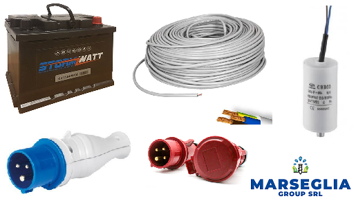 Componenti elettrici: batteria, filo, condensatore, spine e logo MARSEGLIA GROUP SRL.