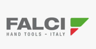 Logo Falci Hand Tools con testo grigio, forme verdi e rosse. Italia.
