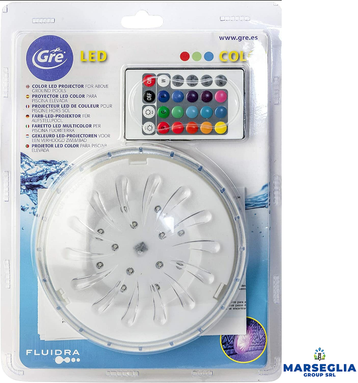 Luce LED colorata per piscina con telecomando, sigillata in plastica.