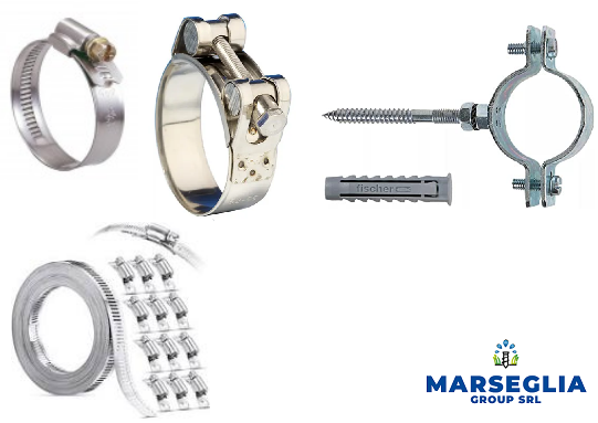 Morsetti metallici assortiti e ferramenta di supporto per tubi.