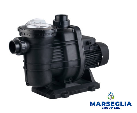 Pompa per piscina nera su base nera con coperchio trasparente.