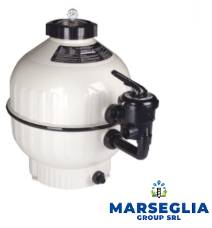Filtro a sabbia per piscina bianco e nero con valvola nera e logo aziendale.