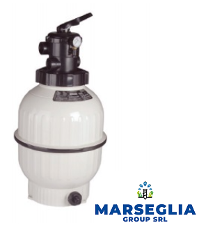 Filtro a sabbia per piscina bianco con coperchio nero e manometro; logo 