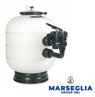 Filtro a sabbia per piscina bianco e nero con logo MARSEGLIA GROUP SRL.