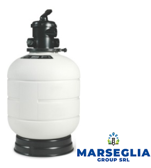 Filtro a sabbia per piscina bianco e nero con logo.