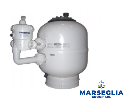Sistema di filtraggio per piscina bianco con valvola incorporata, logo MARSEGLIA GROUP SRL.