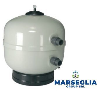 Filtro a sabbia per piscina bianco e nero, logo Marsegia Group SRL.