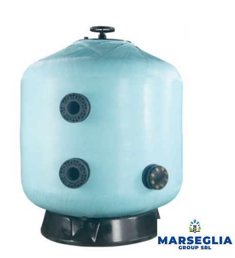 Filtro per piscina azzurro con base e raccordi neri.