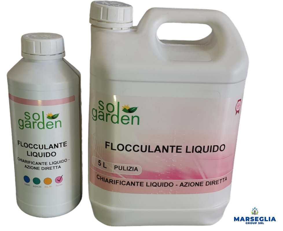 Due bottiglie di plastica bianca di liquido flocculante Solgarden, etichetta rosa.