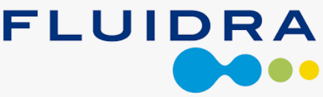 Logo Fluidra con testo blu scuro e cerchi blu, verdi e gialli collegati.