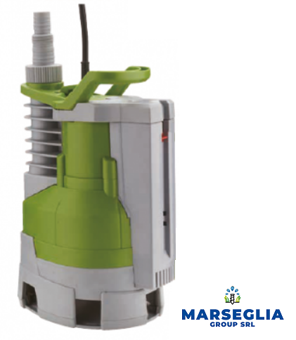 Pompa sommergibile verde e grigia con maniglia e raccordo per tubo flessibile.