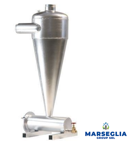 Separatore ciclonico industriale in argento su base metallica, con logo MARSEGLIA GROUP SRL.