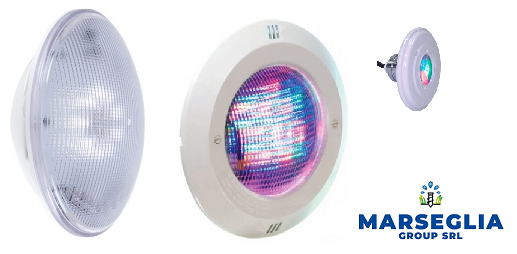 Luci per piscina; bianche, rotonde, varie dimensioni ed effetti luminosi. Logo Marsiglia Group SRL.