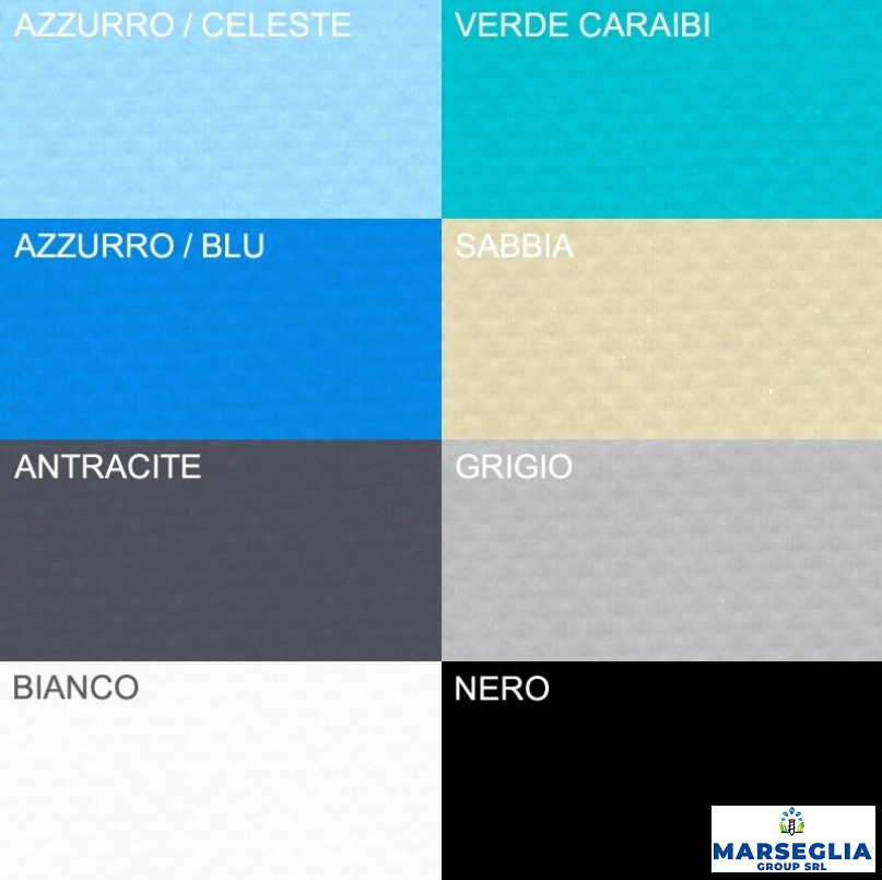 Palette di colori con otto campioni di colore: azzurro, verde acqua, blu, beige, grigio scuro, grigio, bianco e nero.