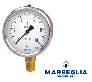 Manometro con quadrante bianco che indica una pressione di 3,2 bar. Raccordo in ottone e cassa cromata.